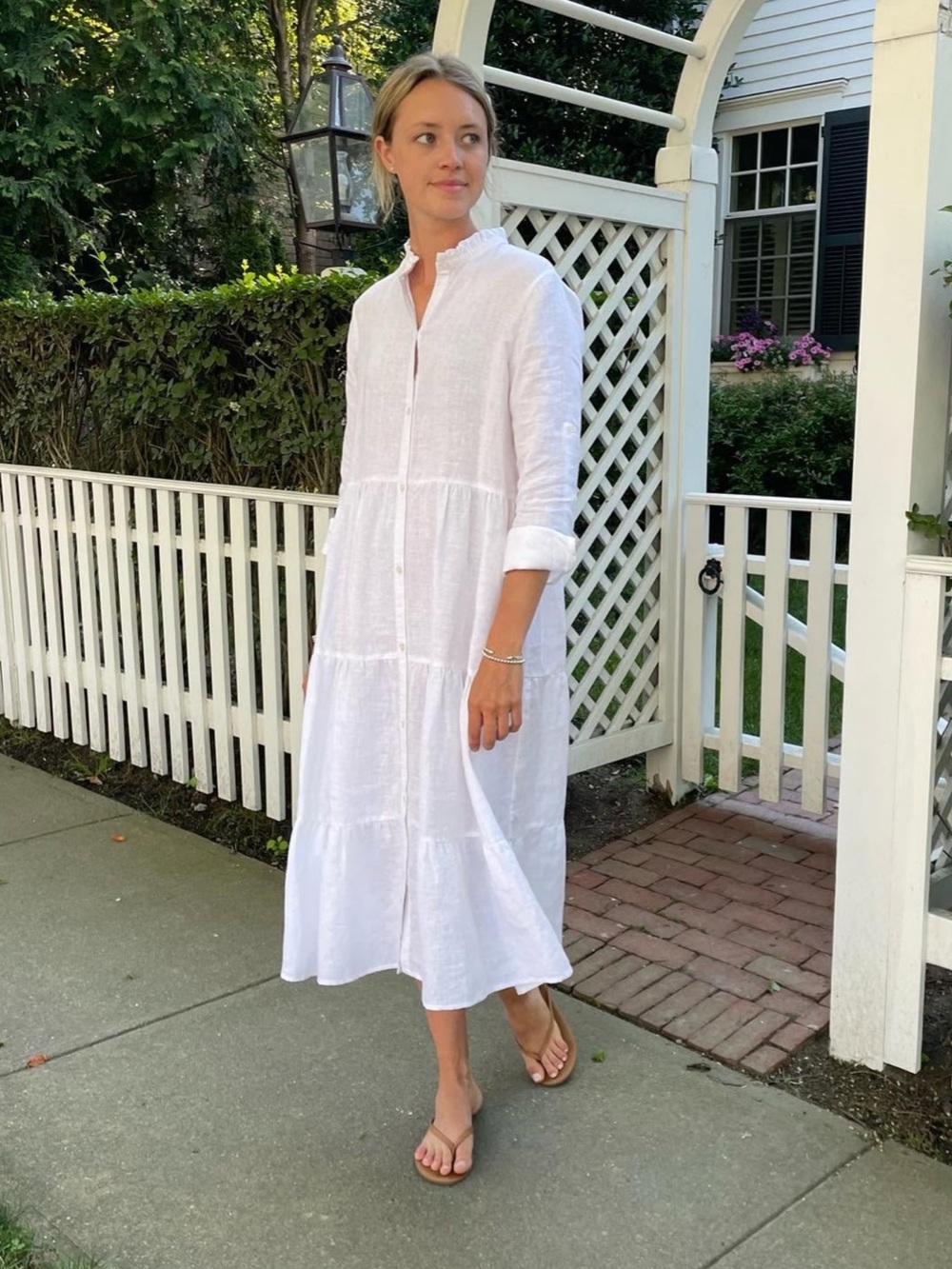 Alice Walk White Linen Ruffle Collar Tiered Midi Dress Size S